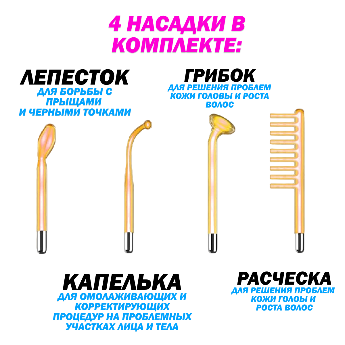 Аппарат дарсонваль для лица и волос портативный, 4 насадки - фотография № 3