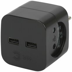 Тройник розетка ЭРА SP-2-USB-W электрический на 2 розетки 220V + 2xUSB 2.4A/5В, 10А, цвет черный