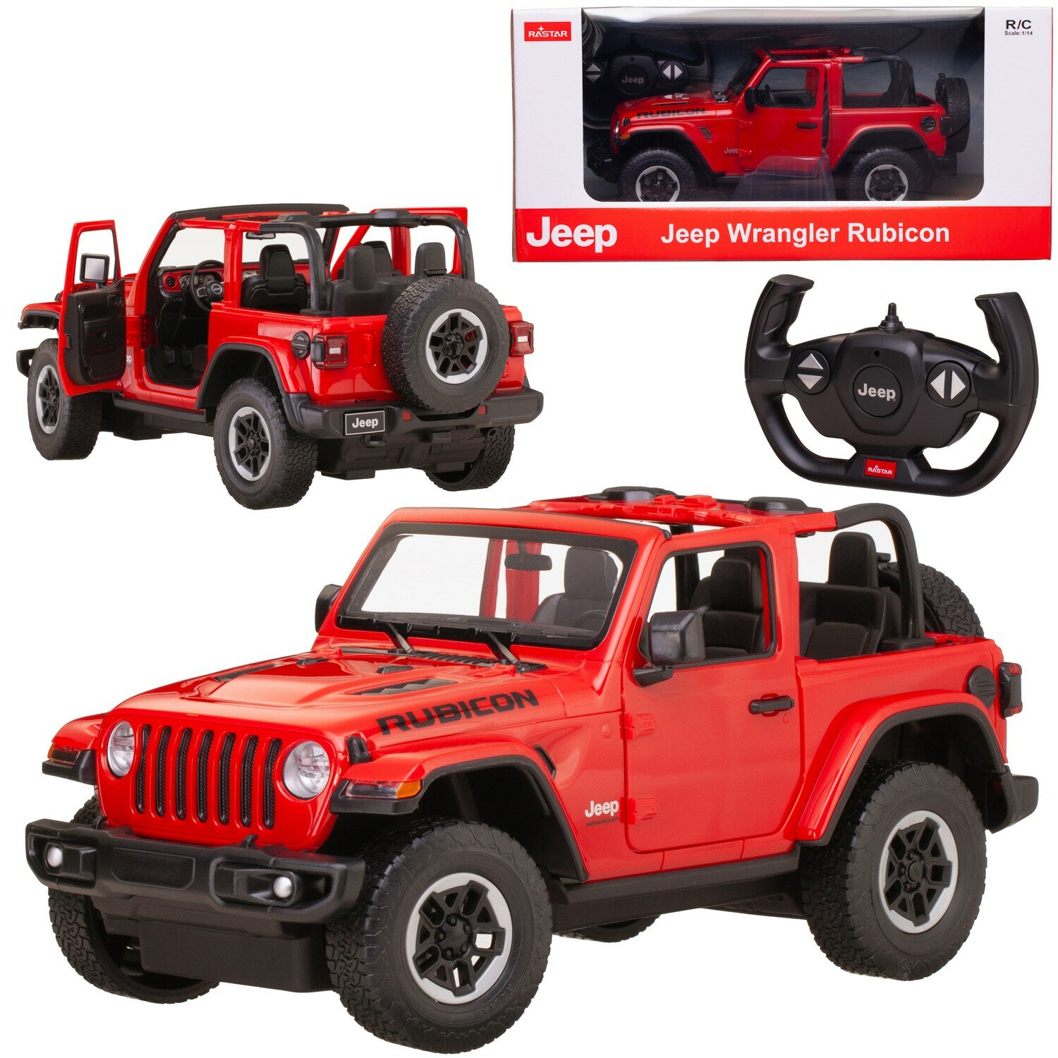 Машина р/у 1:14 JEEP Wrangler JL 2,4G, цвет красный, фары светятся, двери открываются в ручную, 30.2*14*13.4