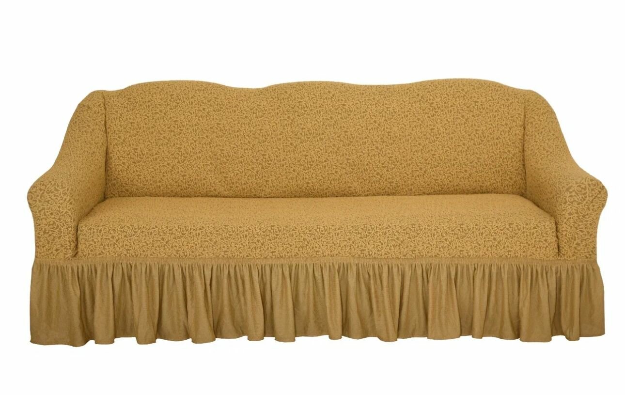 фото Жаккардовый чехол на трехместный диван с юбкой. Универсальный жаккардовый чехол на трехместный диван с оборкой ,