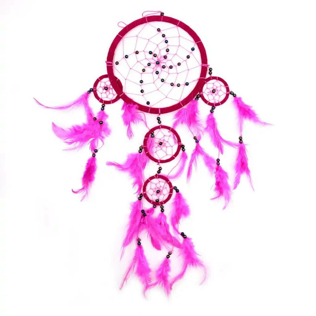 Ловец снов WIR1411-PN розовые круги С перьями, цвет Венеры - счастье, любовь, романтика, 4 чакра (диаметр 16,5 см, длина 55 см.), 1 шт.