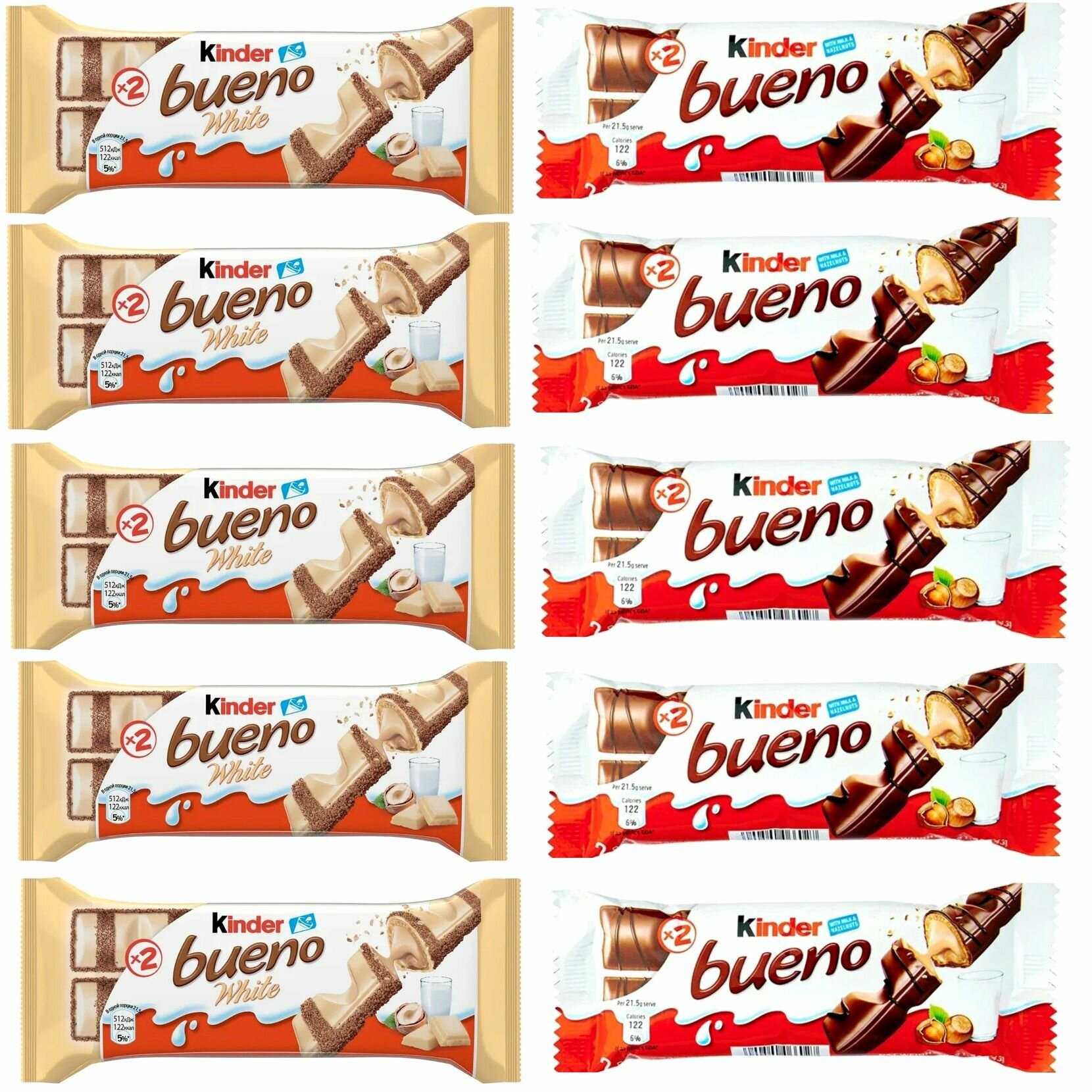 Набор шоколадных батончиков Kinder Bueno покрытые молочным и белым шоколадом, 10 шт.