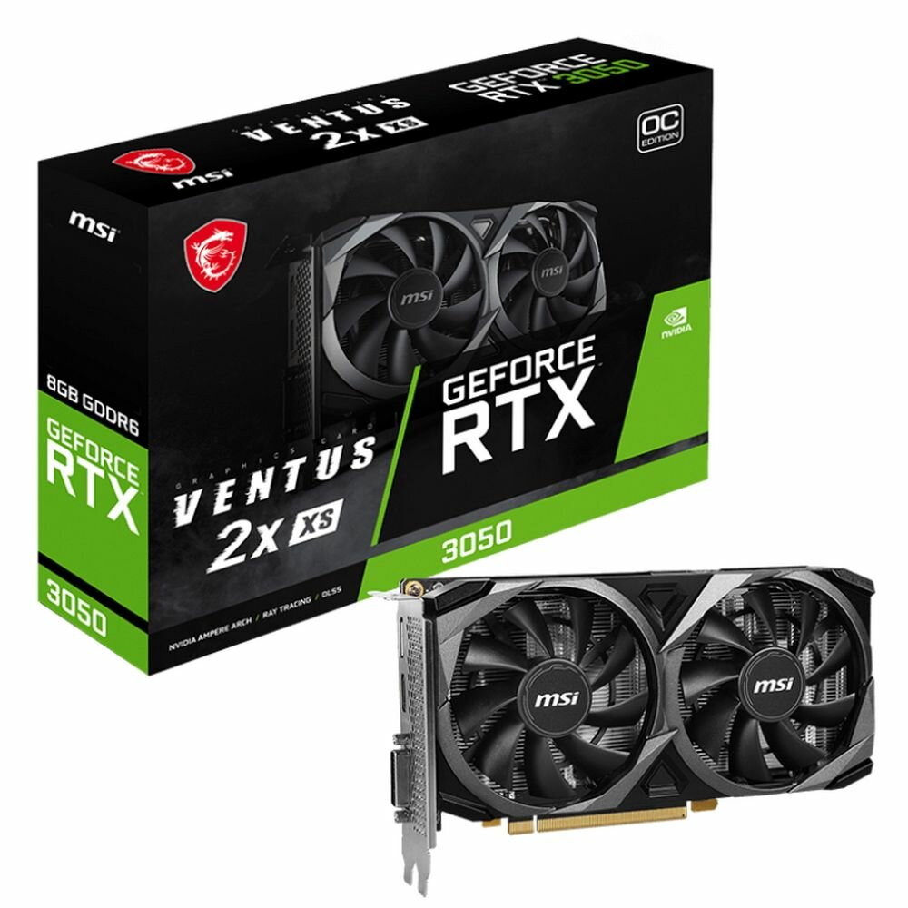 MSI Видеокарта MSI RTX3050 VENTUS 2X XS 8GB OC GDDR6 128-bit DP HDMI DL-DVI-D 2FAN RTL GeForce RTX 3050 VENTUS 2X XS 8G OC