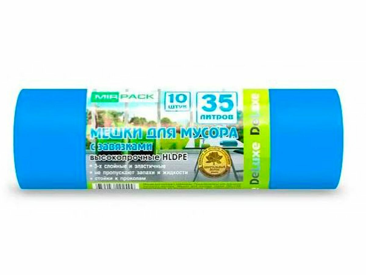 фото Пакеты для мусора 35л 30мкм Делюкс, в рулоне 10шт с Завязками, синие