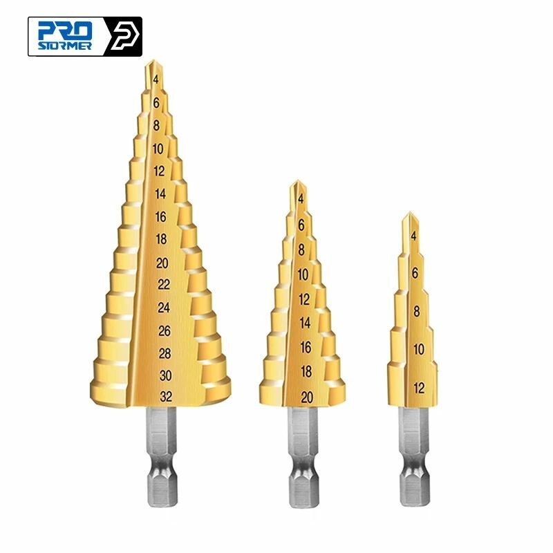 фото Ступенчатое сверло, PROSTORMER,PTHT208D, 3 шт., 4-12/20/32 мм
