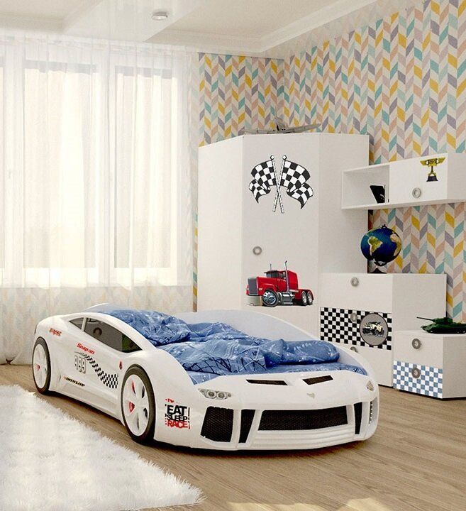 КарлСон кровать-машина детская Ламба-NEXT, цвет белый, с подсветкой фар и дна