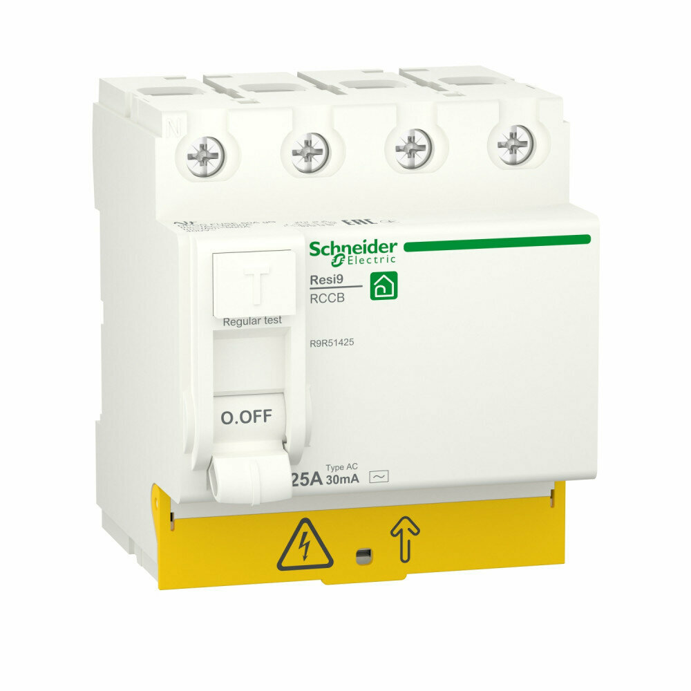 Schneider Electric RESI9 Выключатель дифференциального тока (УЗО) 25А 4P 30мА тип AC R9R51425