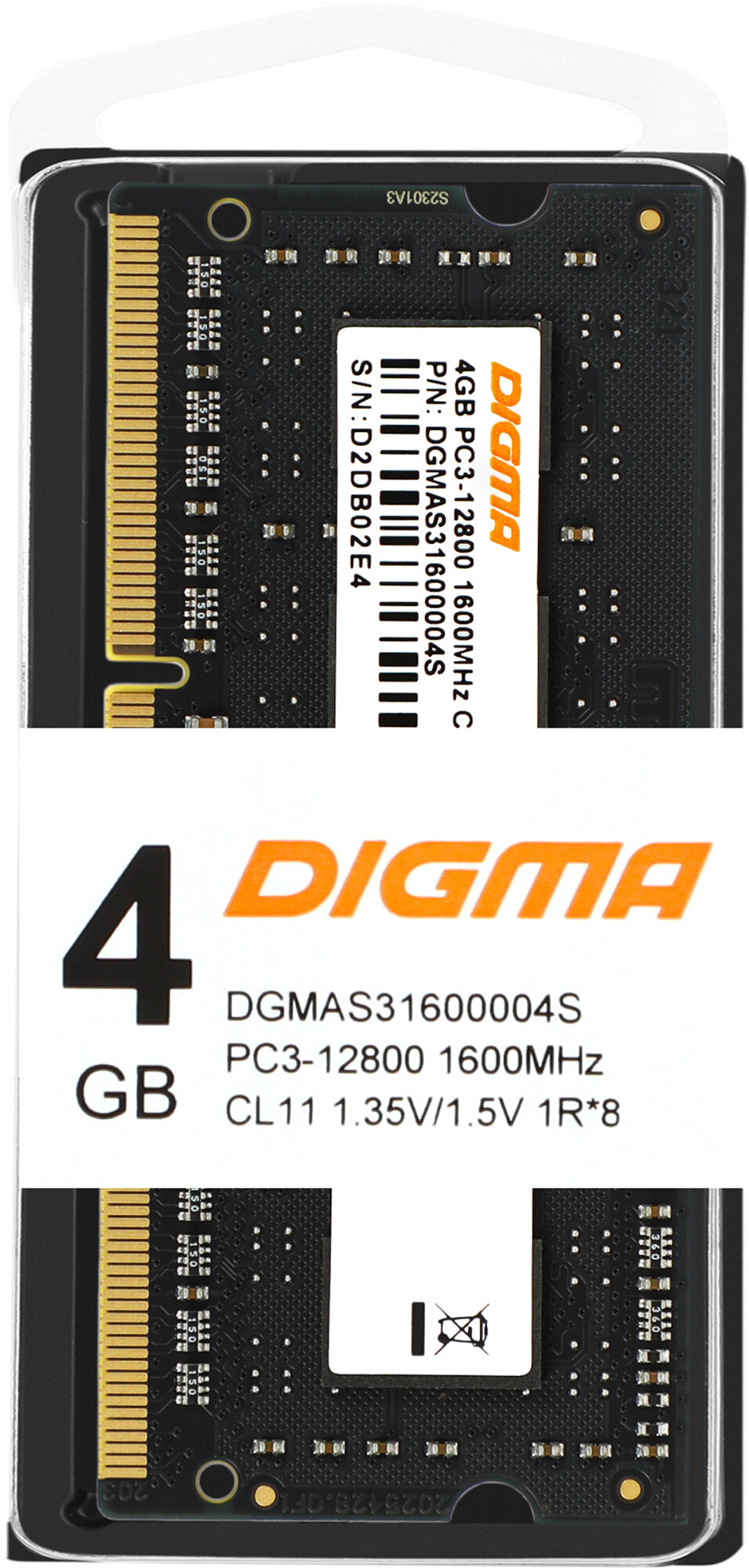 Оперативная память Digma DDR3L - 4Gb, 1600 МГц, SO-DIMM, CL11 (dgmas31600004s) - фото №1