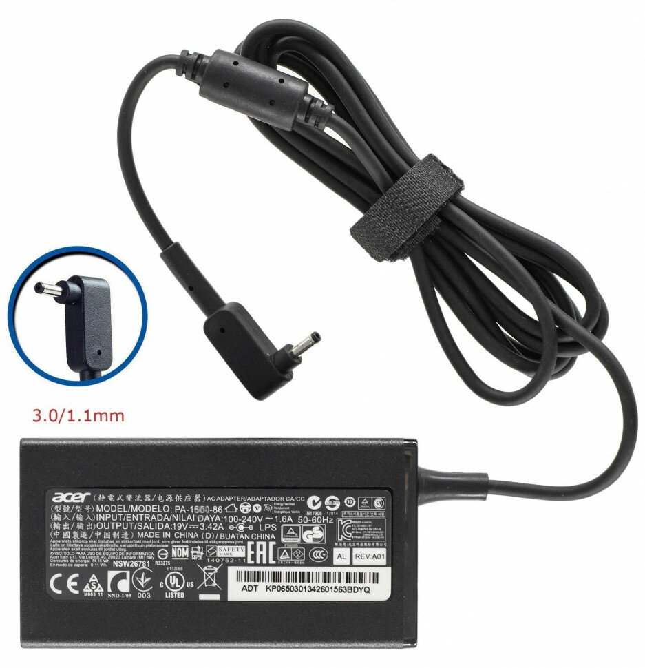 Зарядное устройство для ноутбука Acer TravelMate X5 TMX514-51, 19V - 3.42A, 60 Вт (Штекер: 3.0-1.1мм) Slim
