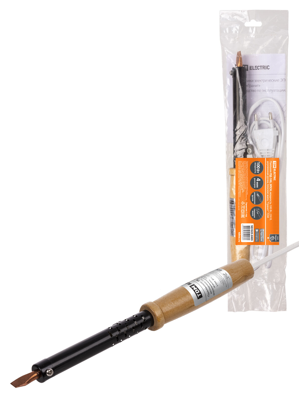 фото Паяльник ПД-100, ЭПСН, мощность 100 Вт, 230 В, деревянная ручка, плоское жало, "Гранит", TDM SQ1025-0405 (1 шт.)