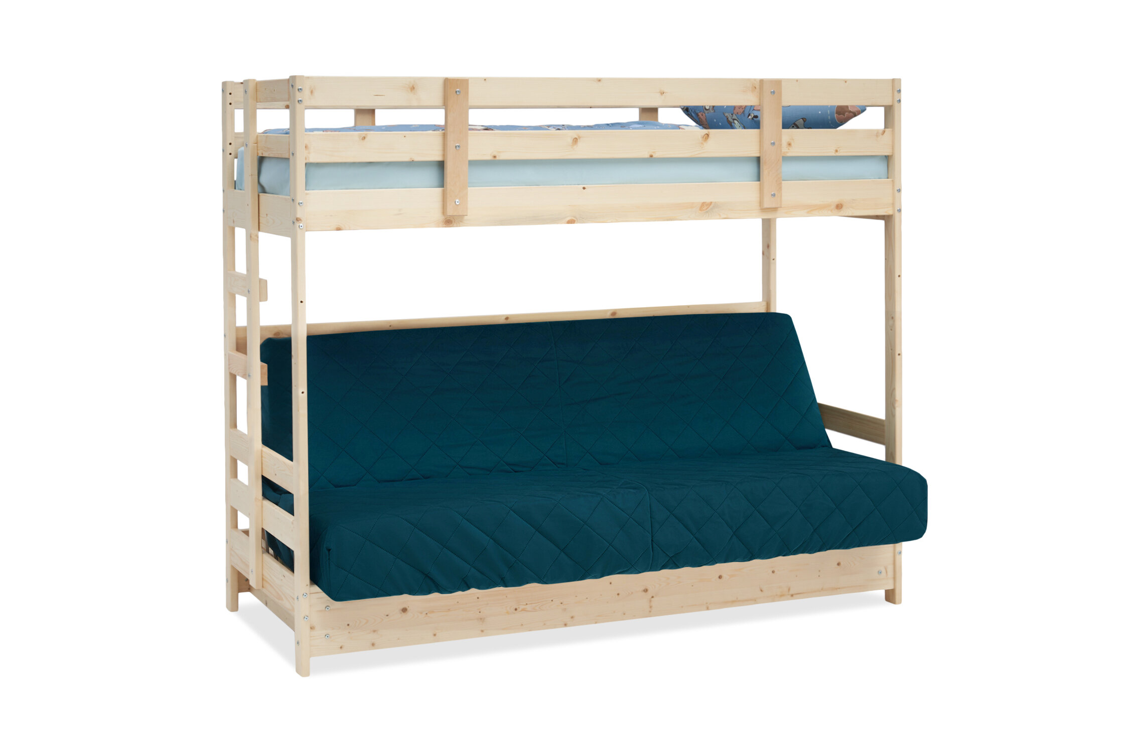 Двухъярусная кровать Боровичи-Мебель Массив с диван-кроватью; ПББ; синий / натуральный 96x197x170 см