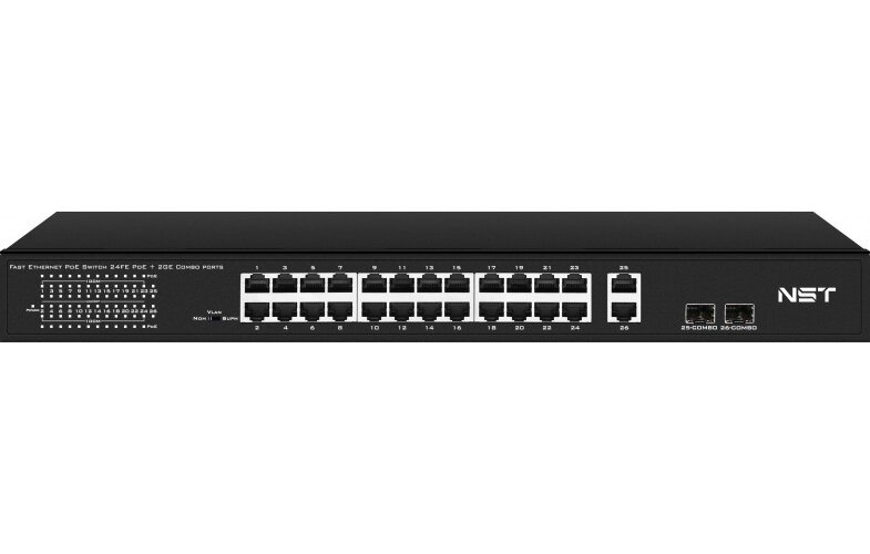 PoE коммутатор Fast Ethernet на 24 x RJ45 портов + 2 x GE Combo uplink порта. Порты: 24 x FE (10/100 Base-T) с поддержкой PoE (IEEE 802.3af/at), 2 x G