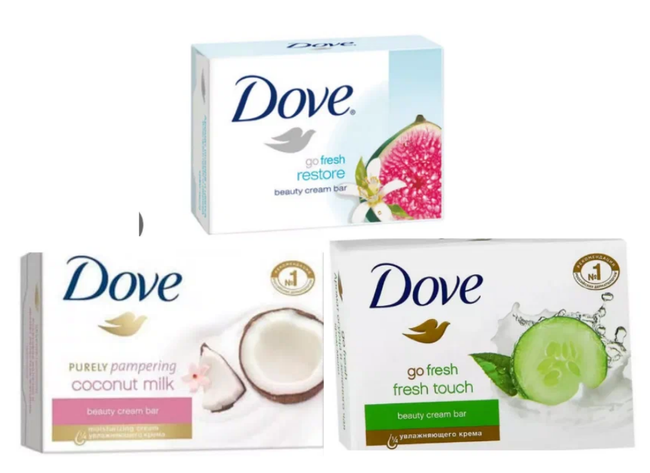 фото Набор крем-мыла Dove Кокос и жасмин, Огурец и чай, Инжир и цветки апельсина, 3 шт по 135 г