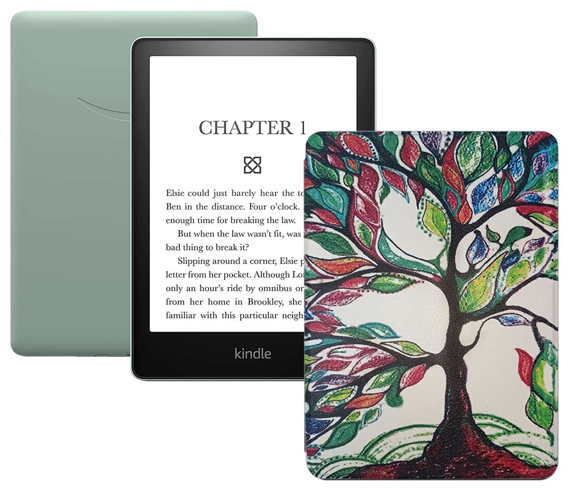 Электронная книга Amazon Kindle PaperWhite 2021 16Gb Ad-Supported Agave Green с обложкой ReaderONE PaperWhite 2021 Tree