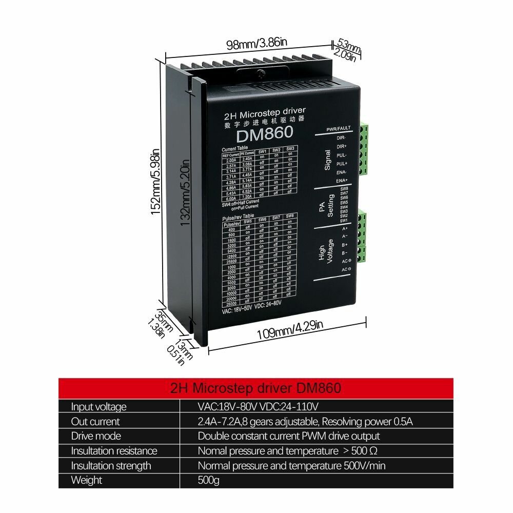 DM860H DM860 Шаговые двигатели с приводом 0 - 200 кгц AC18 - 80V или DC 24 - 110V 2A - 7.2A 2H Микрошаговый привод для шаговых двигателей Nema34