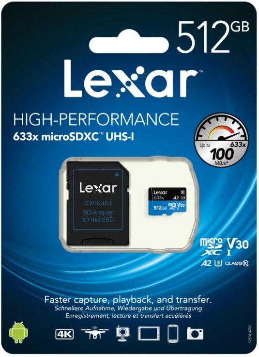 Карта памяти Lexar High-Performance microSDXC 512GB UHS-I U3 V30 R100/W70MB/s (LSDMI512BB633A)