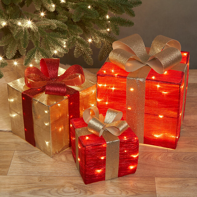 Koopman Светящиеся подарки под елку Barrois Red 17-28 см 3 шт 90 теплых белых LED таймер на батарейках ACW005250