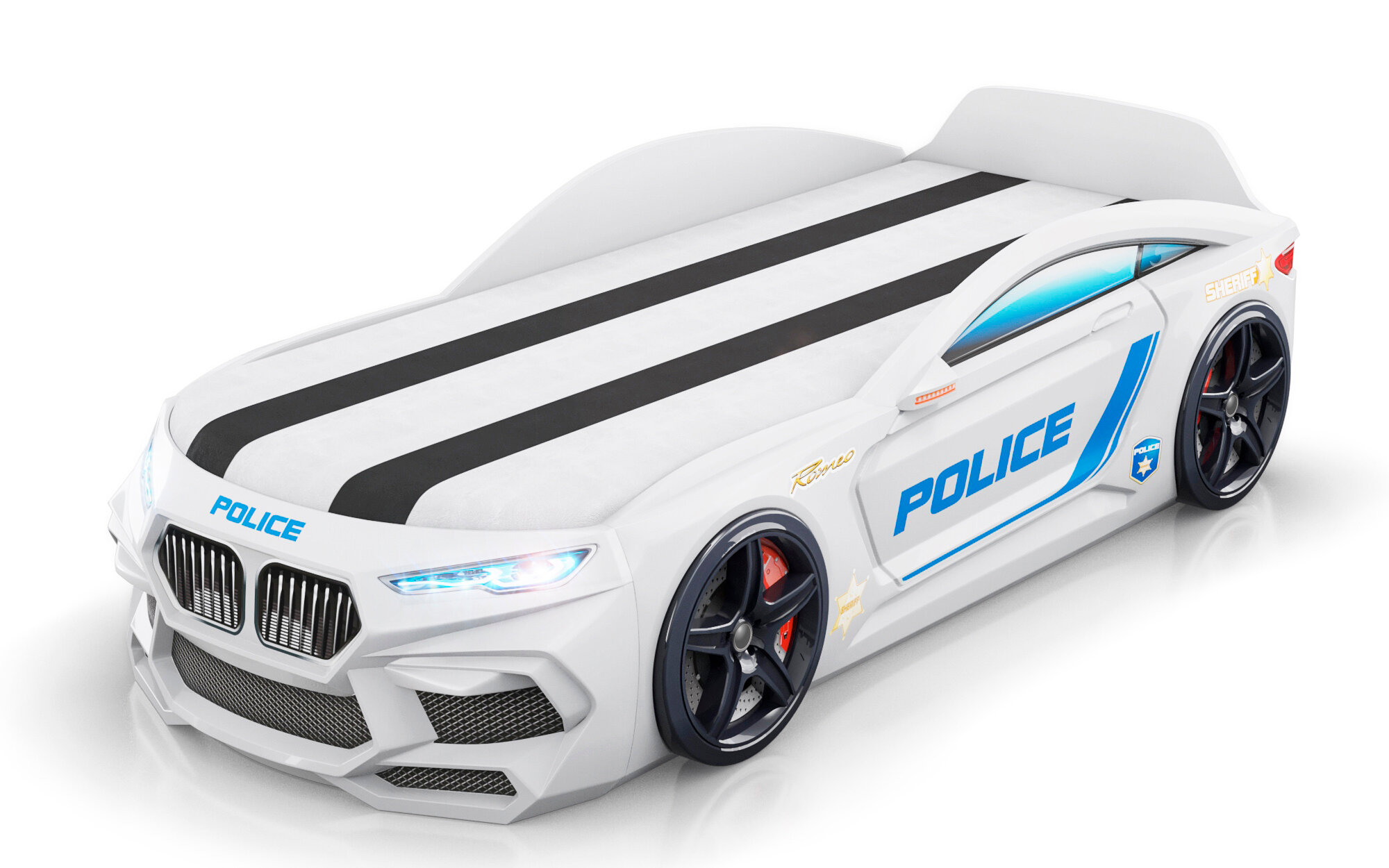 Romack кровать-машина Romeo-М цвет полиция белая с матрасом, ящиком для белья и подсветкой фар