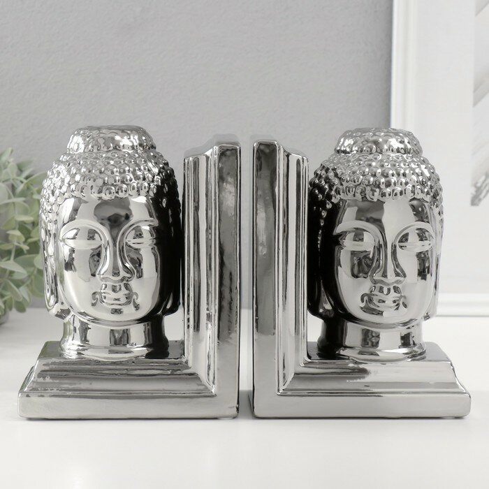 Держатели для книг керамика "Голова Будды" набор 2 шт серебро 14,5х10х18,5 см