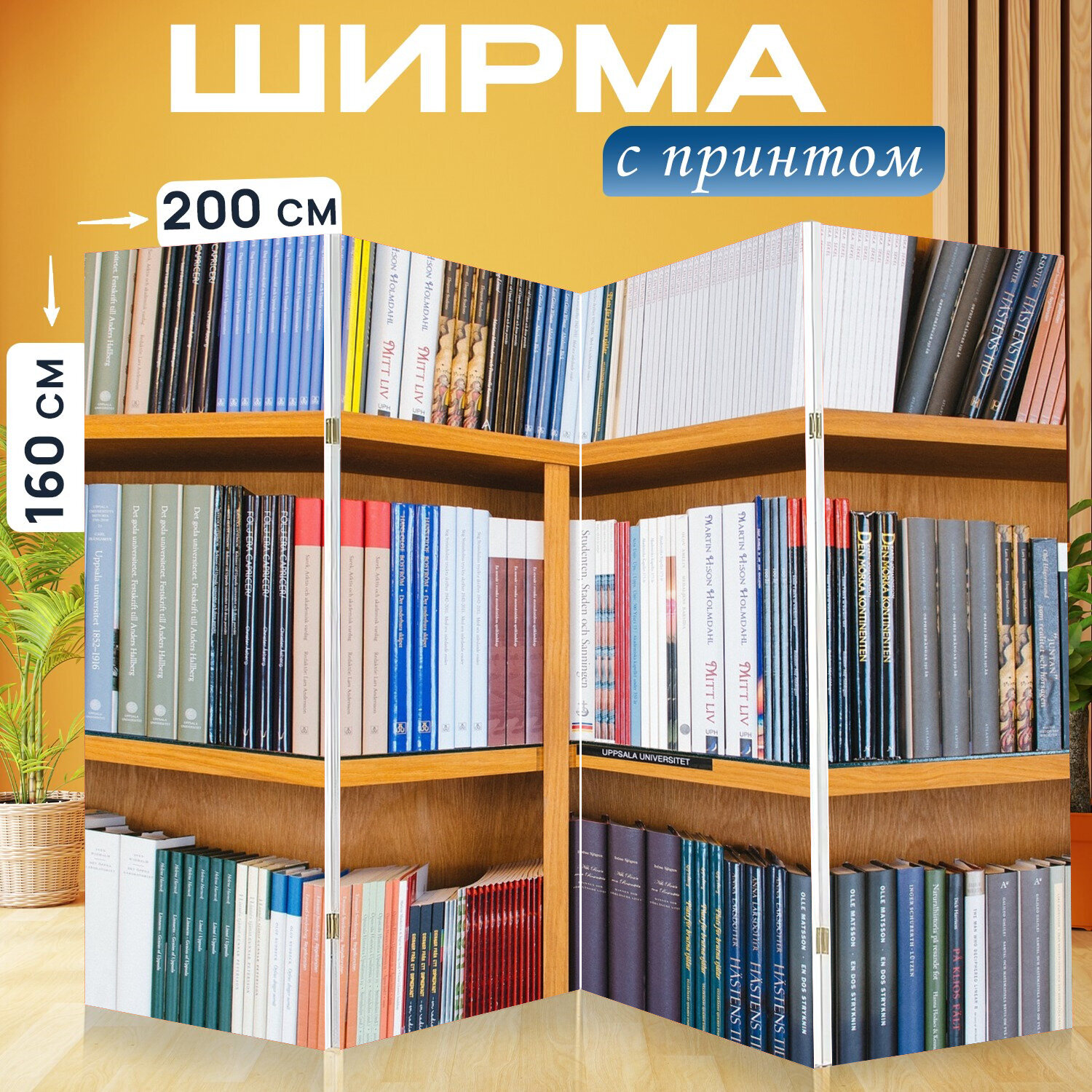 Ширма перегородка с принтом "Книги, библиотека, полка" на холсте - 200x160 см. для зонирования, раскладная