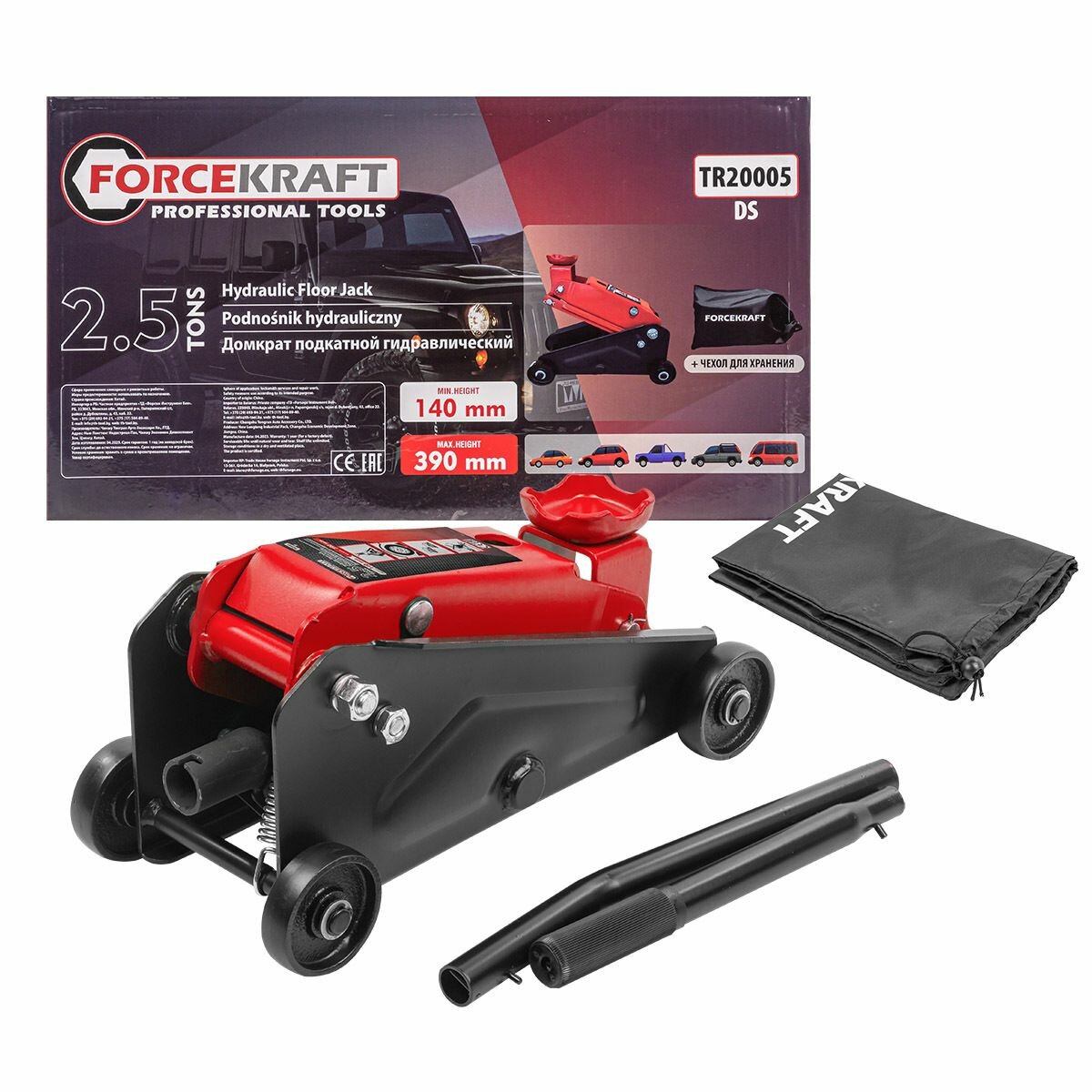 фото Домкрат подкатной гидравлический 2.5т (h min 140мм, h max 390мм) FORCEKRAFT FK-TR20005