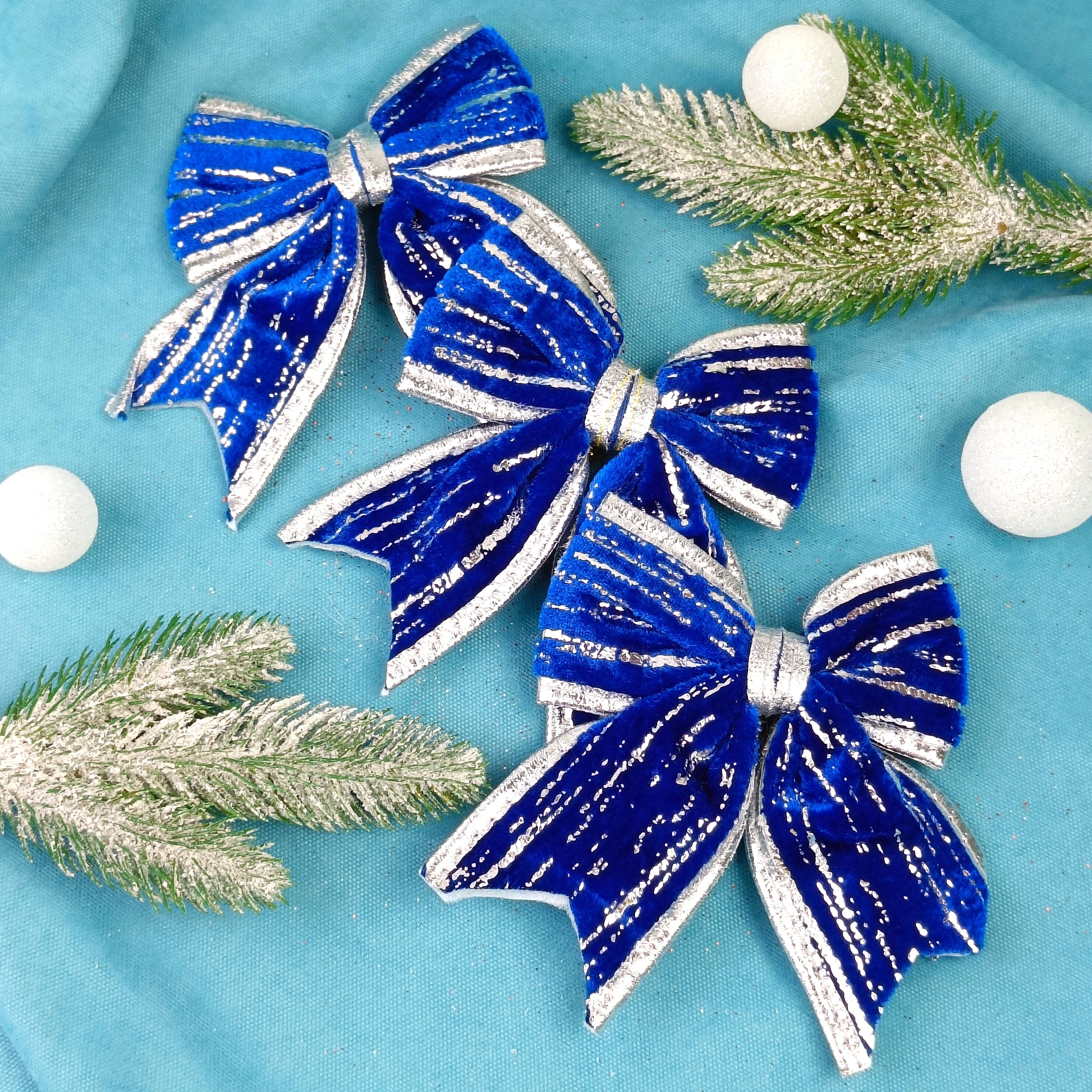 Набор декоративных украшений Бантики размер: 12 см цвет: синий с серебром 3 шт