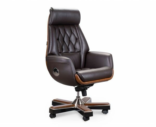 Компьютерное эргономичное кресло для офиса Norden Трон для руководителя, обивка натуральная кожа, регулировка высоты сидения, цвет черный коричневый