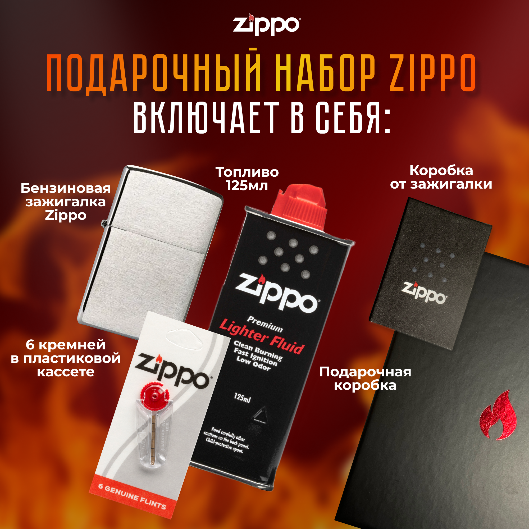 Подарочный набор ZIPPO ( Зажигалка ZIPPO 200 Classic, серебристая с покрытием Brushed Chrome + кремни + топливо, 125 мл ) — фото 2
