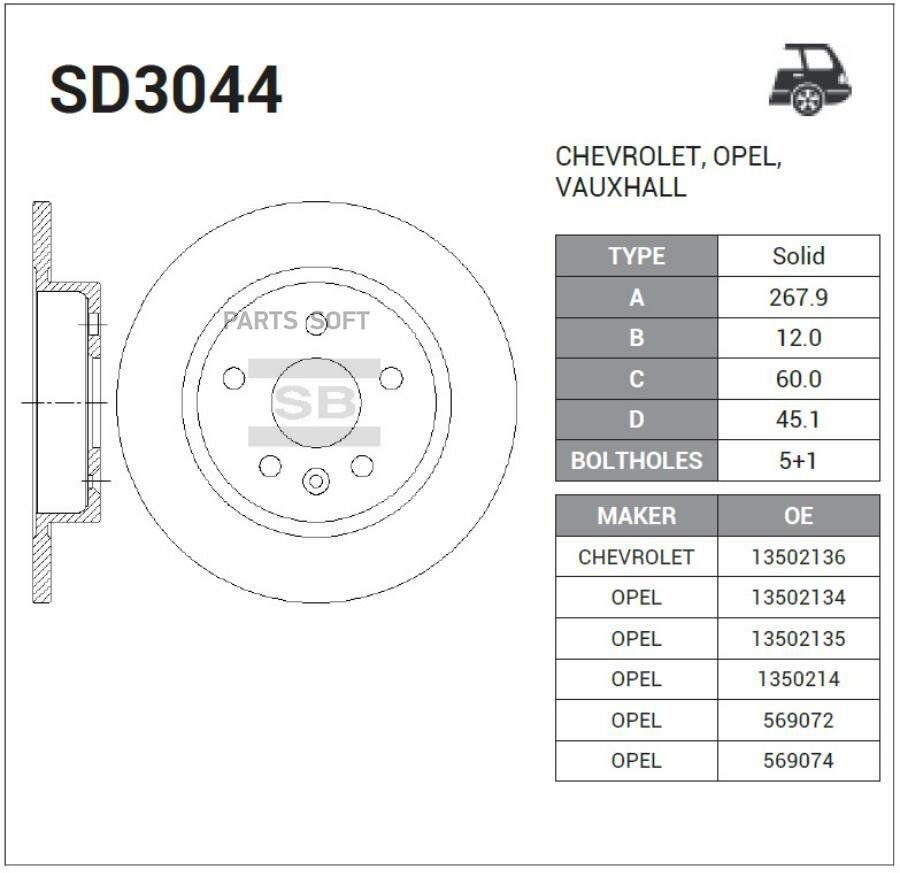 SANGSIN BRAKE SD3044 Диск тормозной Opel Astra/Mokka 1.3D/1.4/1.6/1.8/1.7D/2.0D 09 SD3044