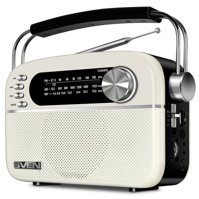 Радиоприемник Sven белая (3 Вт, BT, FM/AM/SW, USB, microSD, AUX, встроенный аккумулятор) - фото №1