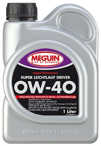 Meguin 0W-40 1L 4894 Megol Motorenoel Super Leichtlauf Driver Cf/Sm A3/B4 Синт. Мот.масло