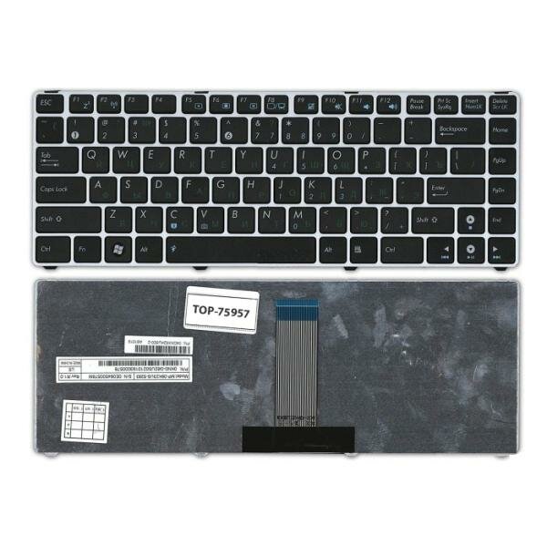 Клавиатура для ноутбука Asus U20, UL20, Eee PC 1201, 1215, 1215B Series. Плоский Enter. Черная, с серебристой рамкой. PN: 9J. N2K82.90R