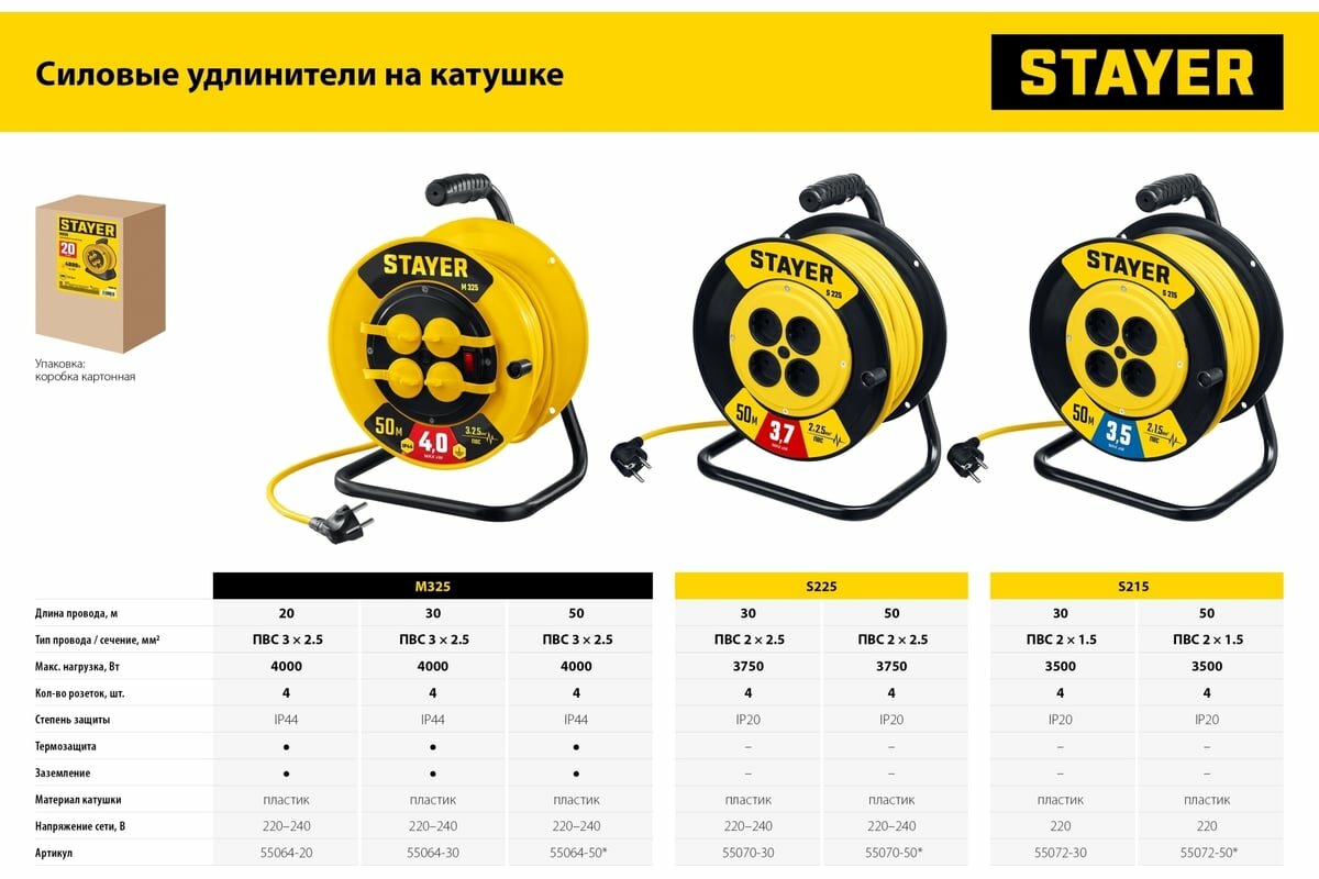 фото STAYER S 225 силовой удлинитель на катушке пвс 2x1.5 30м 3500вт 55072-30