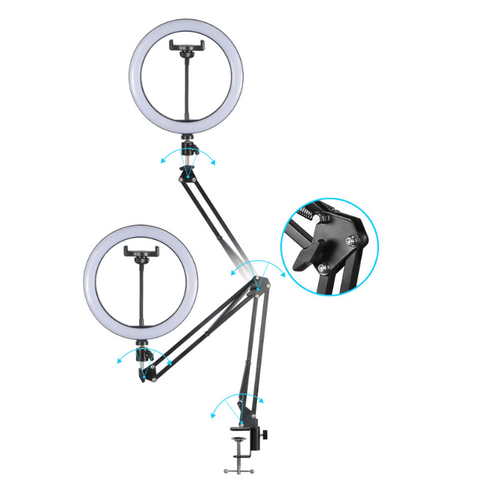 Штатив настольный на струбцине для съемки сверху с подсветкой кольцевой лампой 26см и держателем для телефона