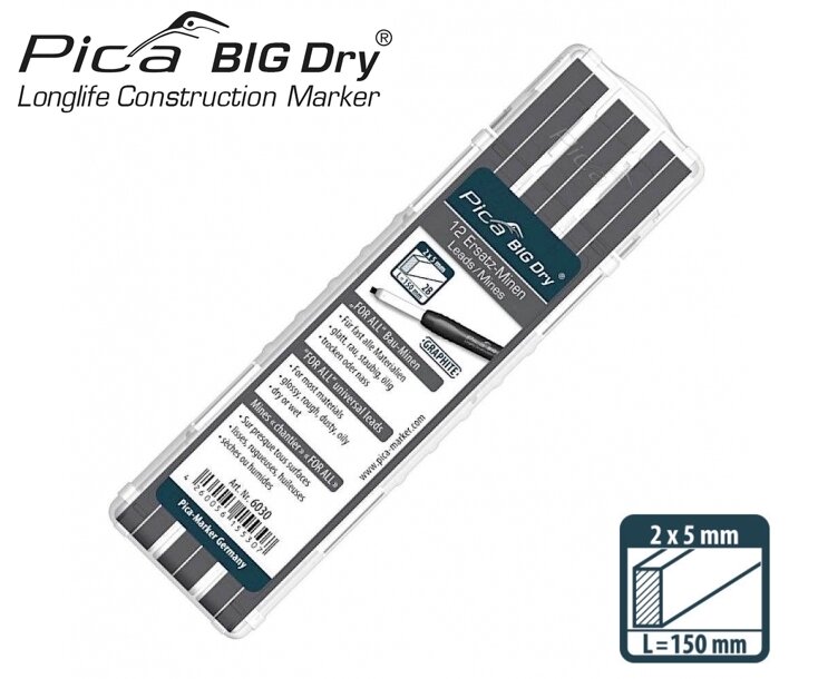 Комплект 12 графитовых грифелей 2В с профилем 2х5мм для строительного карандаша Pica BIG Dry 6060 PICA-MARKER 6030
