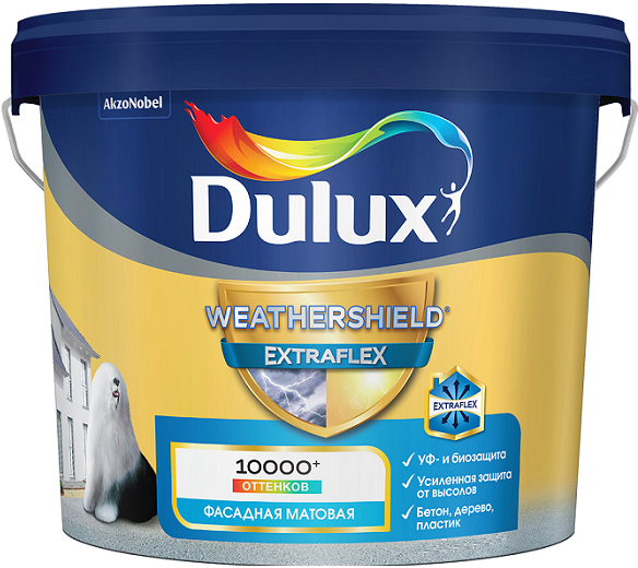 Краска акриловая для фасадов и цоколей Dulux Weathershield Extraflex матовая (5л) BW (белая и под колеровку)