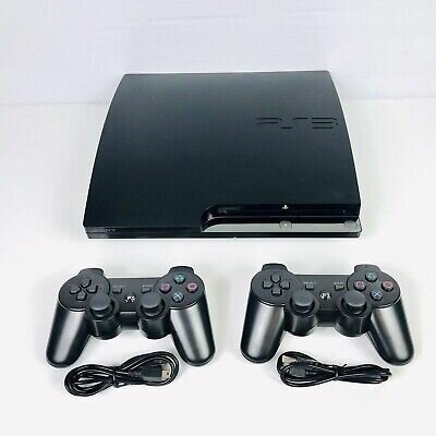 Sony PlayStation 3 Slim 3 320 ГБ HDD с двумя геймпадами , загружено 90 игр, черный