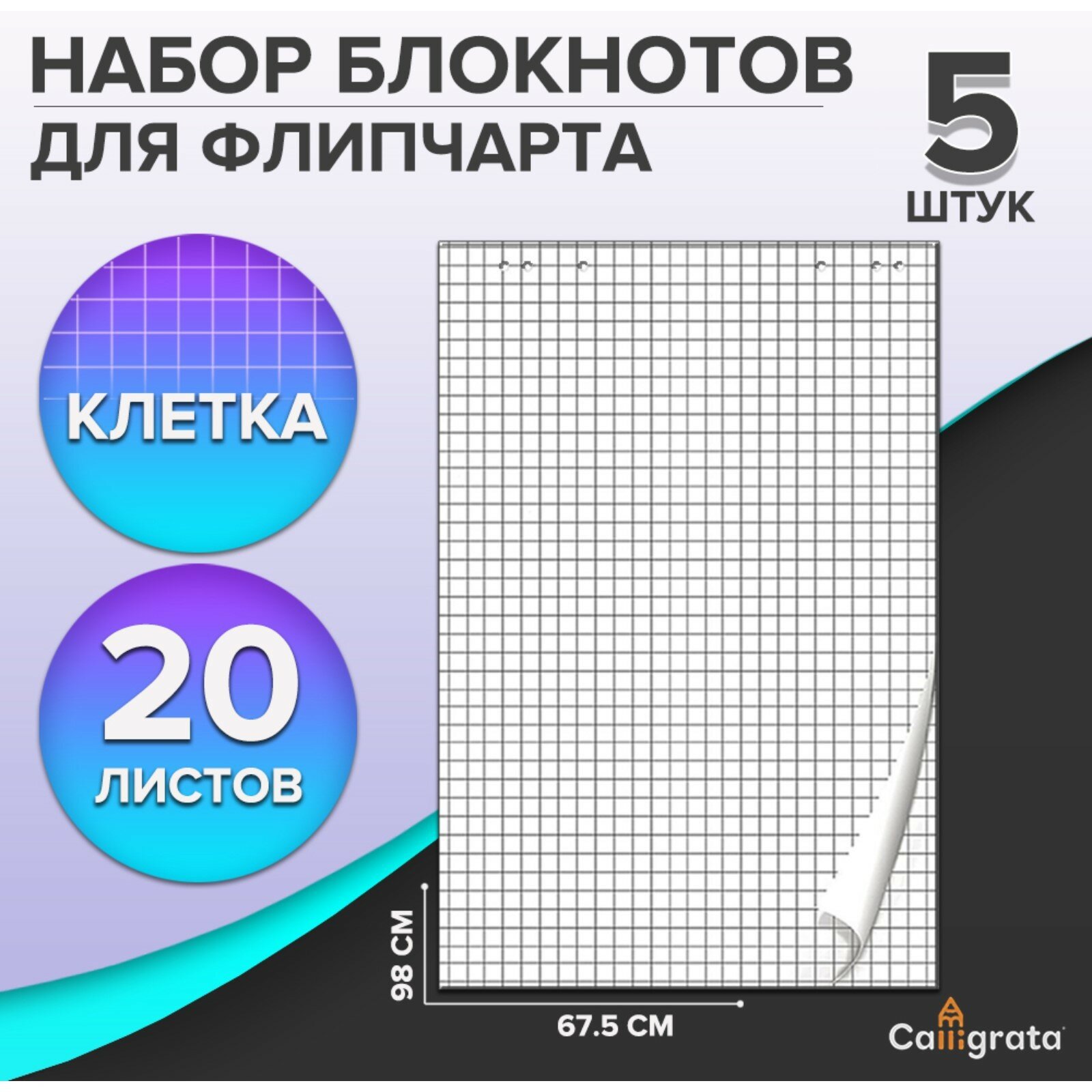 Набор блокнотов 5 штук для флипчарта, 67.5 x 98 см, 20 листов в клетку, 92%, 80 г/м2