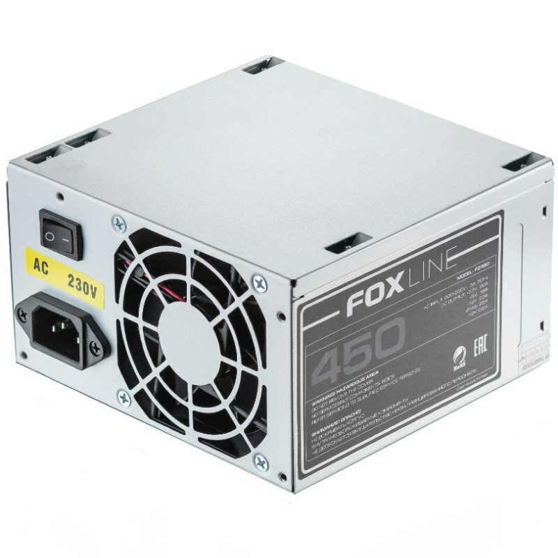 Блок питания Power Supply Foxline, 450W, ATX, NOPFC, 80FAN, 2xSATA, 2xPATA, 1xFDD, 24+4