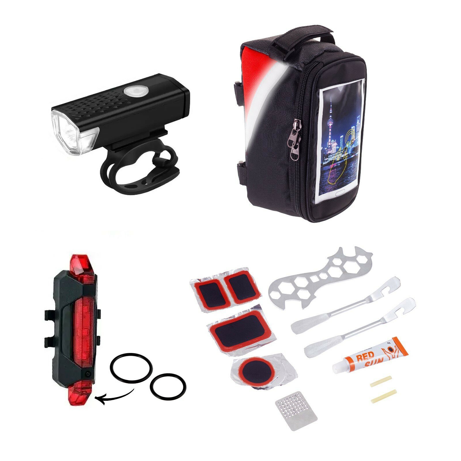 фото Набор для велосипеда 3 в 1: фонарь аккумуляторный, ремонтный набор, сумка (1шт.)
