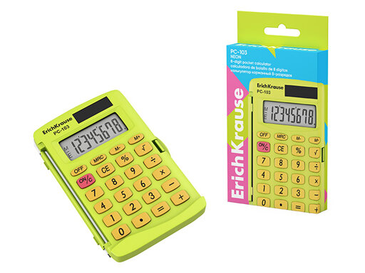 Калькулятор карманный 8-разрядов ErichKrause PC-103 Neon желтый (в коробке по 1 шт.) 62018