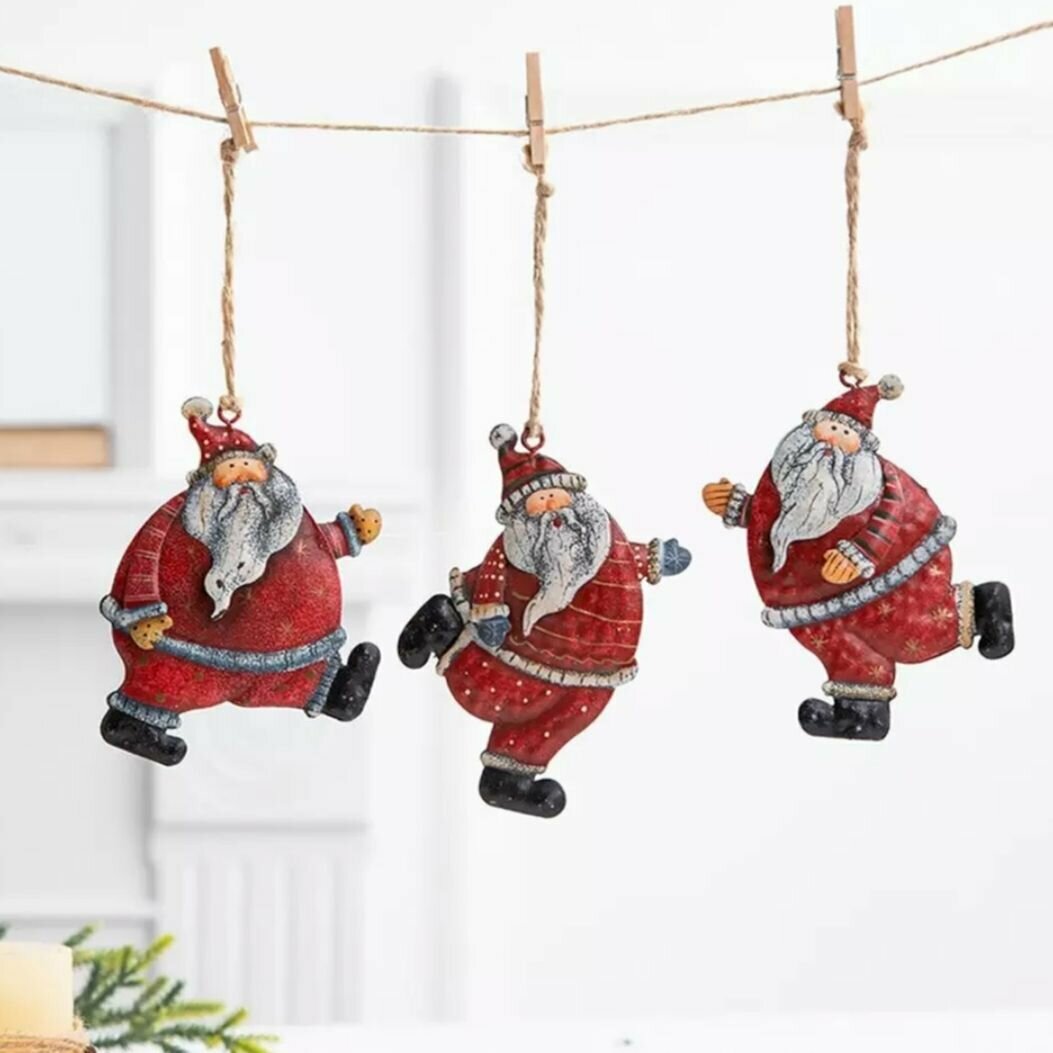 Набор (3шт) новогодняя игрушка фигурка Дед Мороз / Санта Клаус металлическое подвесное елочное новогоднее праздничное украшение железная игрушка