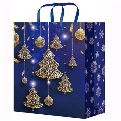 фото Пакет бумажный Роскошный синий Елки 22х31см