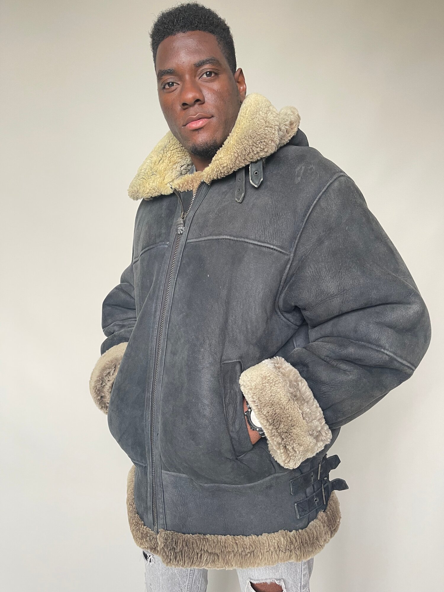 Дубленка Пилот Авиатор мужская тм SHEARING KING с капюшоном р.54-56 /12450/