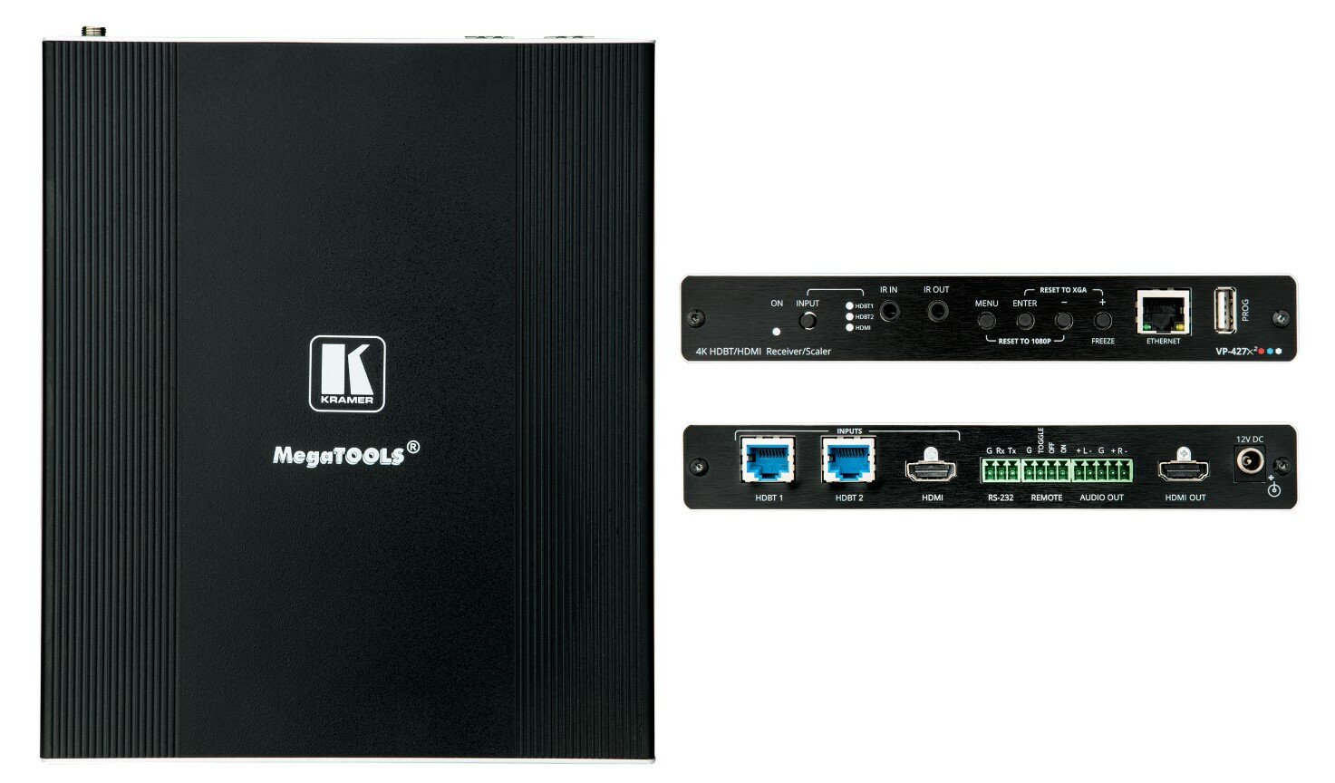 Kramer [VP-427X2] Масштабатор HDBaseT и HDMI в HDMI с деэмбедированием аудио; поддержка 4К60 4:4:4 CEC два входа HDBaseT