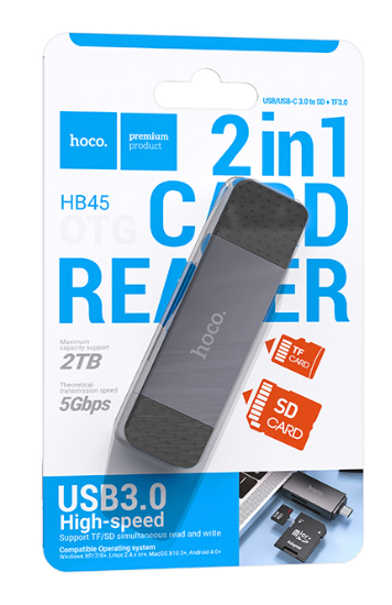 Картридер Hoco HB45, Cardreader 2in1 USB3.0 на SD-micro SD карта памяти два в одном, metal gray
