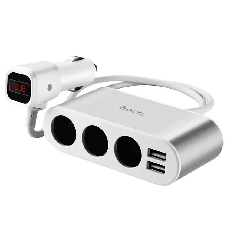 Автомобильная зарядка Hoco Z13 3 гнезда прикуривателя и 2 USB-A порта White
