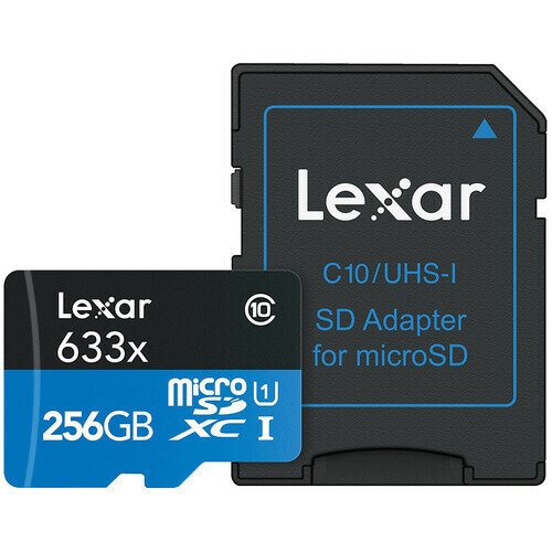 Карта памяти Lexar High-Performance 633x Blue microSDXC 256GB UHS-I U3 V30 A1, R/W 100/45 МБ/с с адаптером