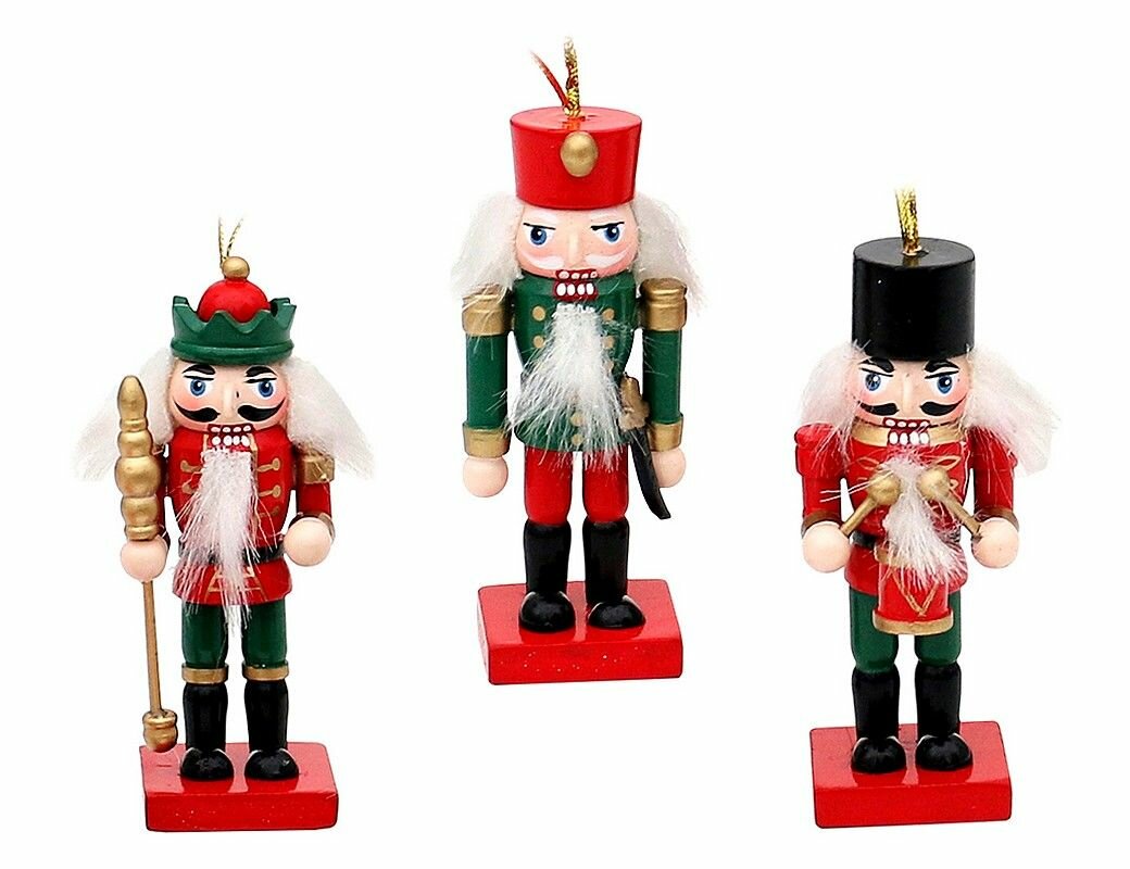 Набор ёлочных игрушек щелкунчики на страже рождества, дерево, 8 см, 3 шт, Sigro 52-1554