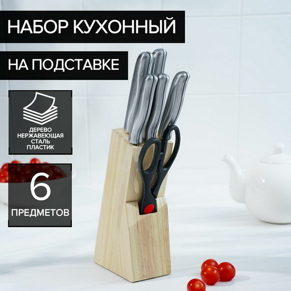 Набор на подставке "Блеск стали", 6 предметов: 5 ножей лезвие 9.5 см, 13 см, 13.5 см, 20.5 см, 20.5 см, ножницы